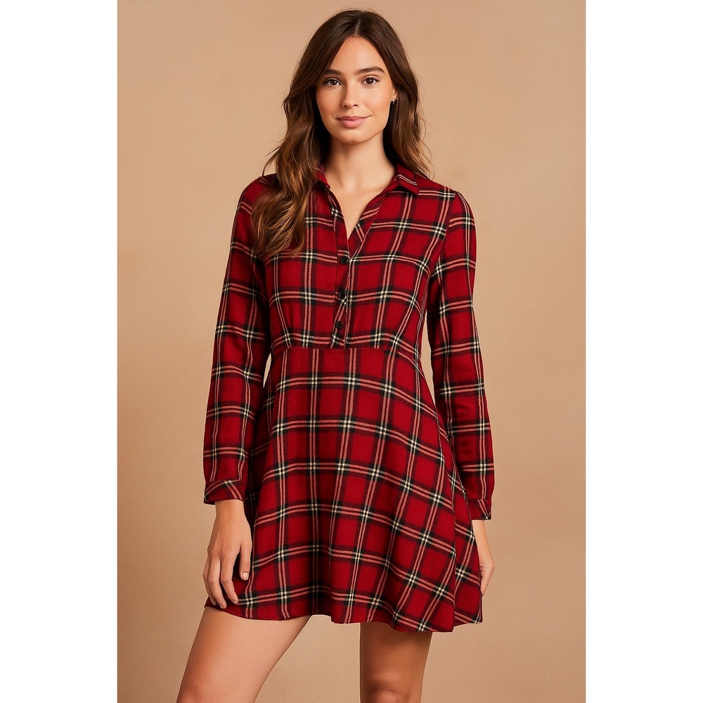 Fancyinn NWOT‎ Red Plaid Long Sleeve Button Front Shirt Dress Flannel Tunic M